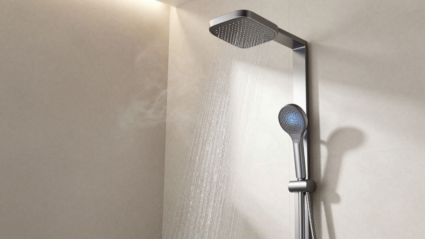 Smart shower control panel with water flowing from showerhead.