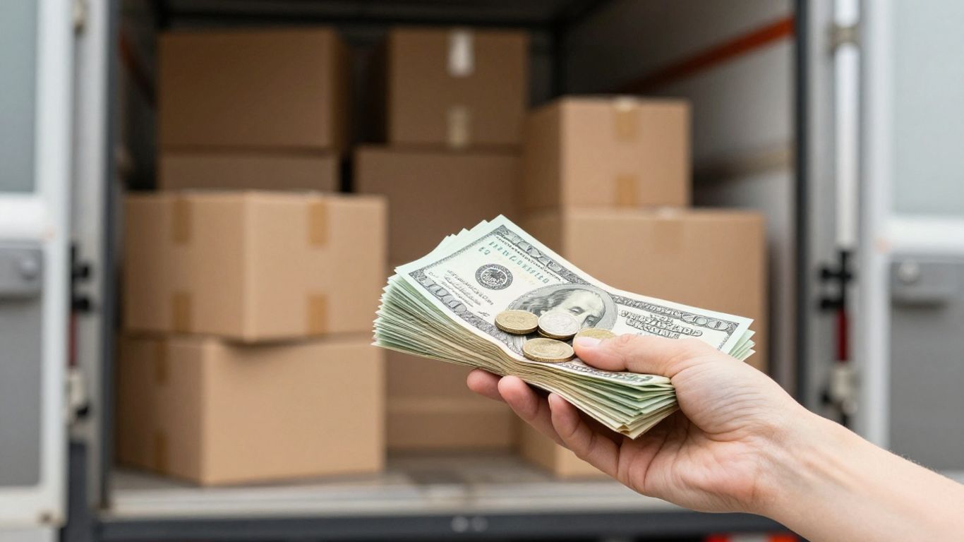 Moving truck with boxes and money, illustrating moving costs.