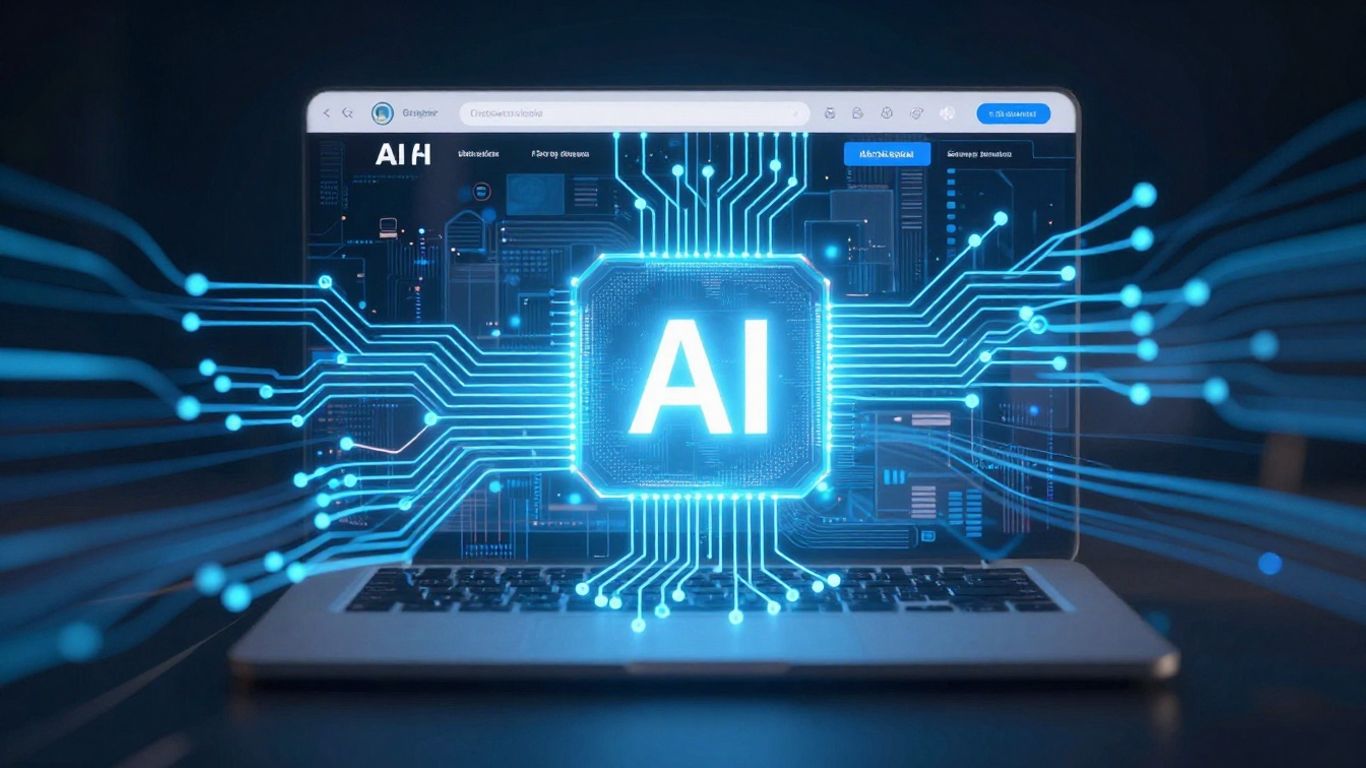 AI website builder interface with glowing circuits.