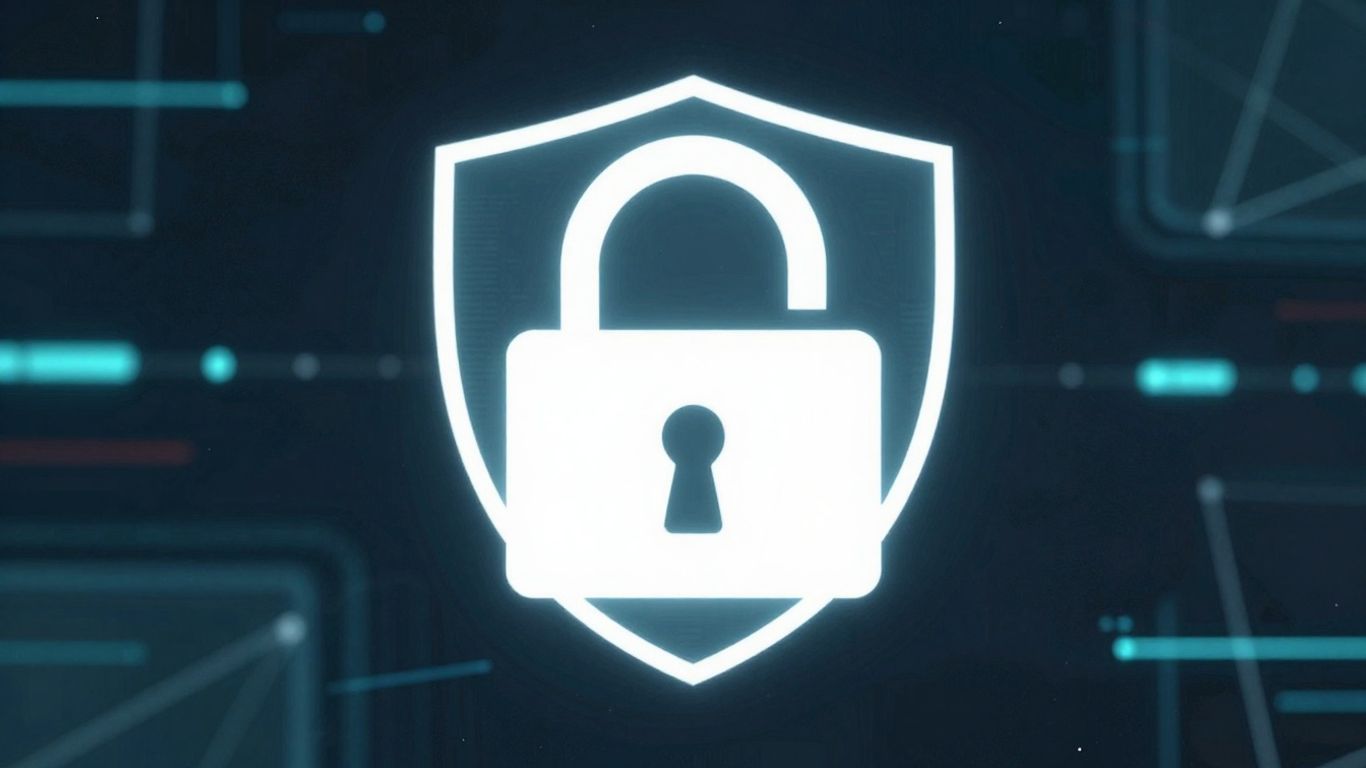 Digital lock icon with shield on abstract network background.