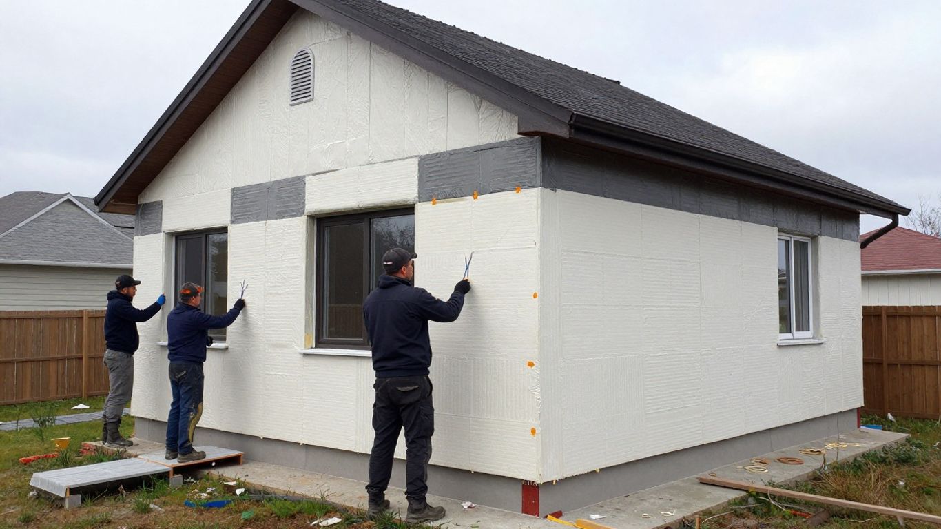 Maison avec isolation extérieure en cours de pose.