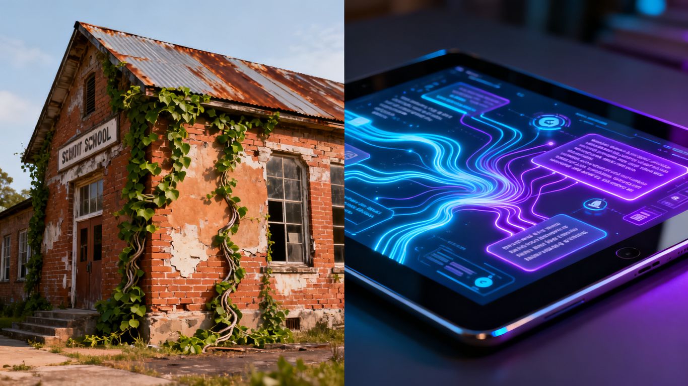Crumbling schoolhouse versus modern digital learning interface.