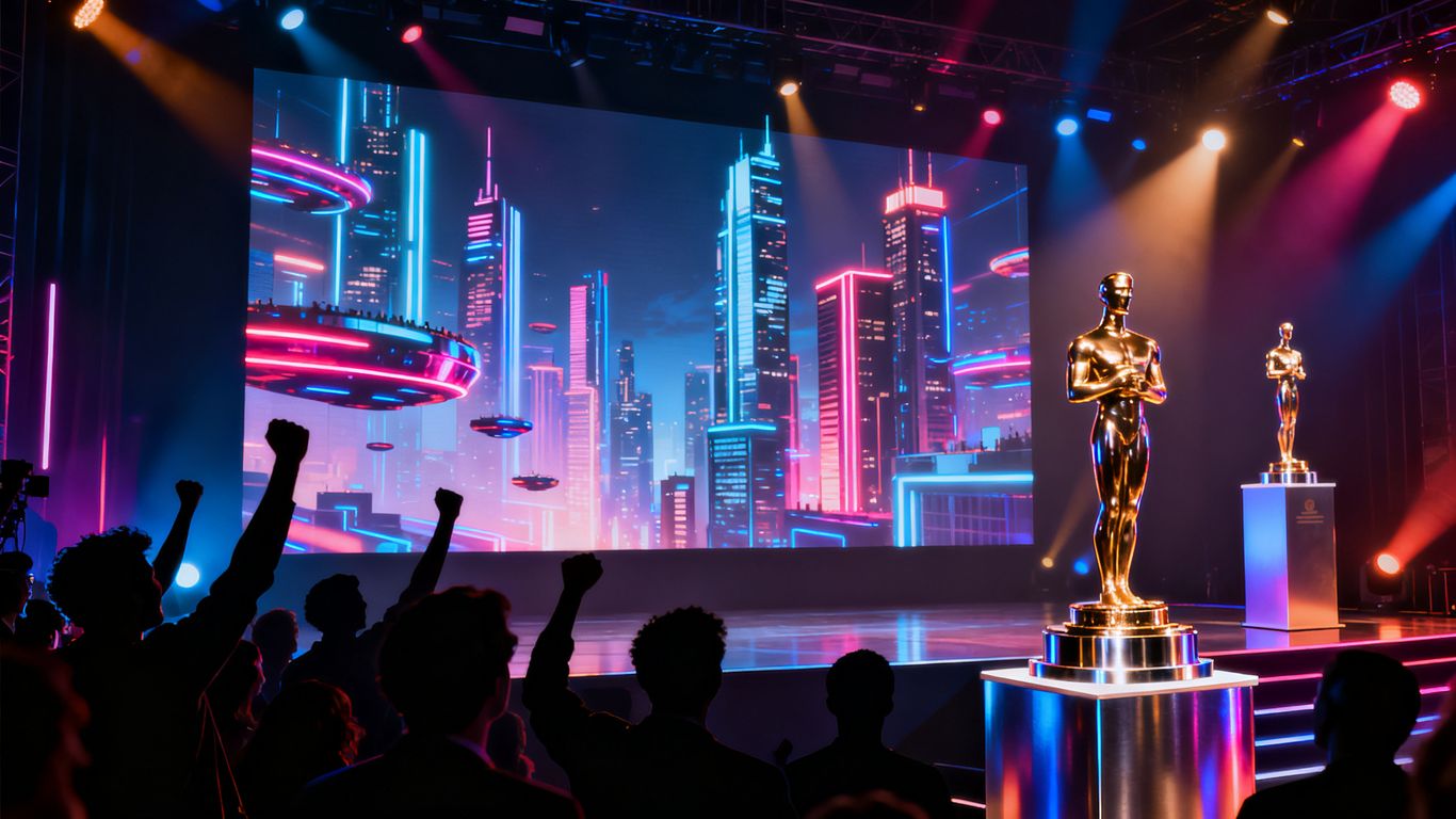 The Game Awards 2025 stage with futuristic visuals and award statues.