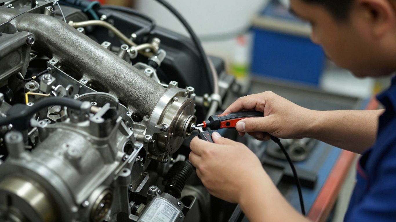 Technician testing the electrical system of a used engine