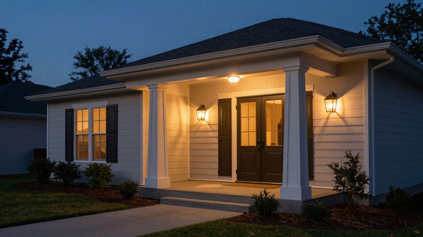 Warm lights illuminating a house entryway and porch.