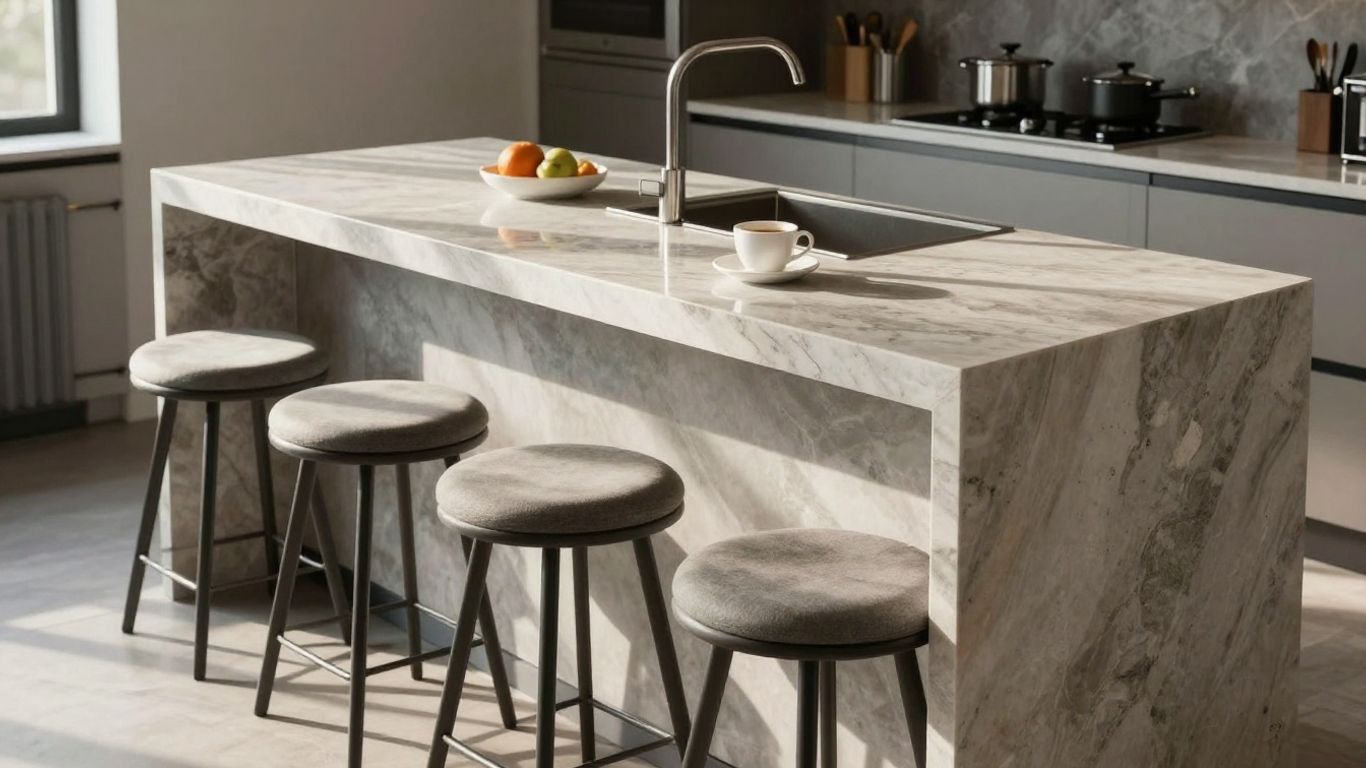 Modern kitchen breakfast bar with stone work surface.