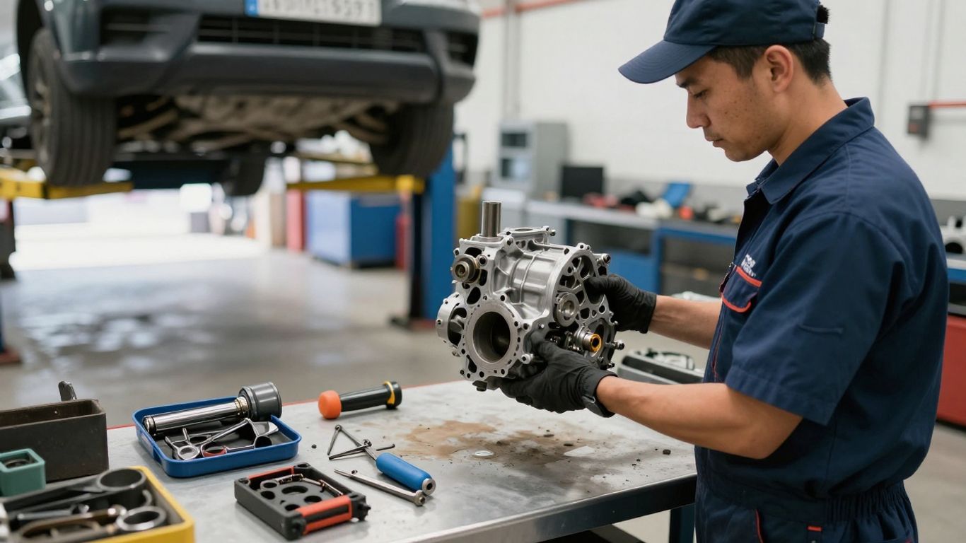 Mechanic holding a used car transmission in Geelong.