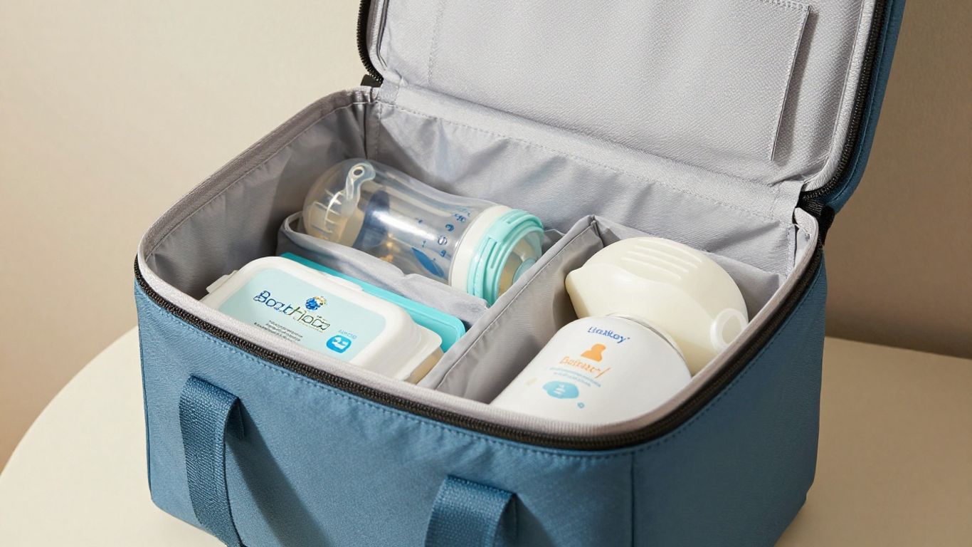 Insulated diaper bag with organized baby essentials inside.
