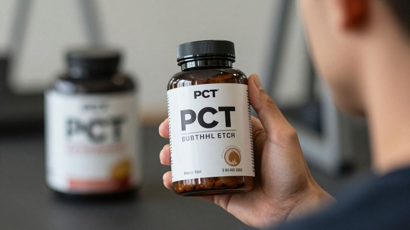 PCT supplement bottle held by a hand, recovery focus.