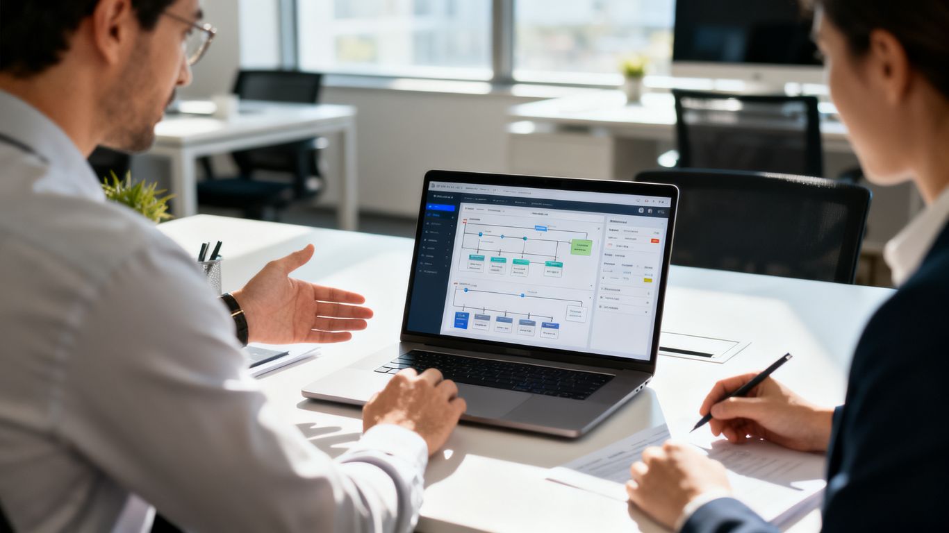 Profesionales colaborando frente a paneles digitales