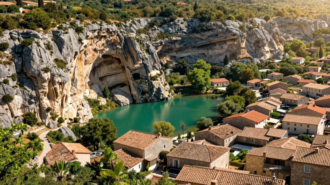 Turquoise lake below limestone cliffs