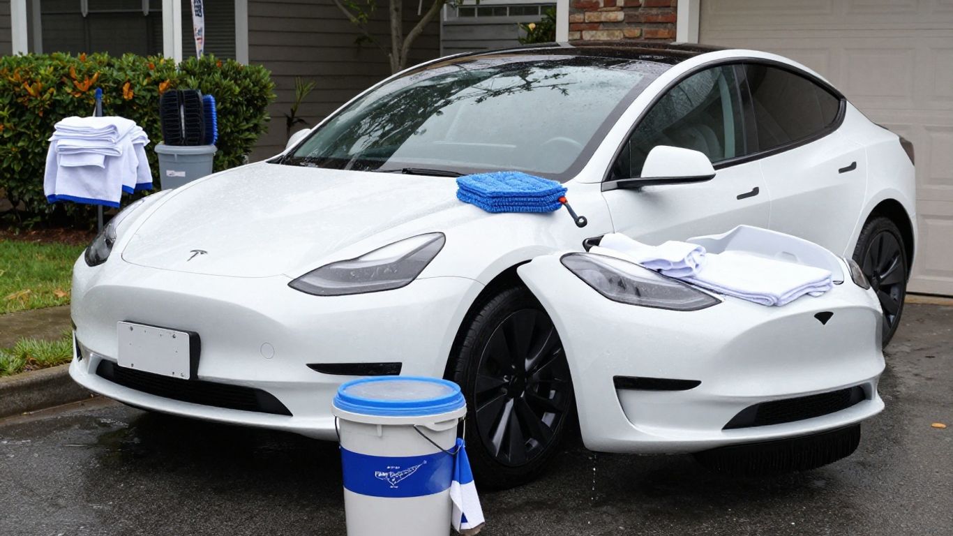 Tesla exterior wash setup with microfiber tools