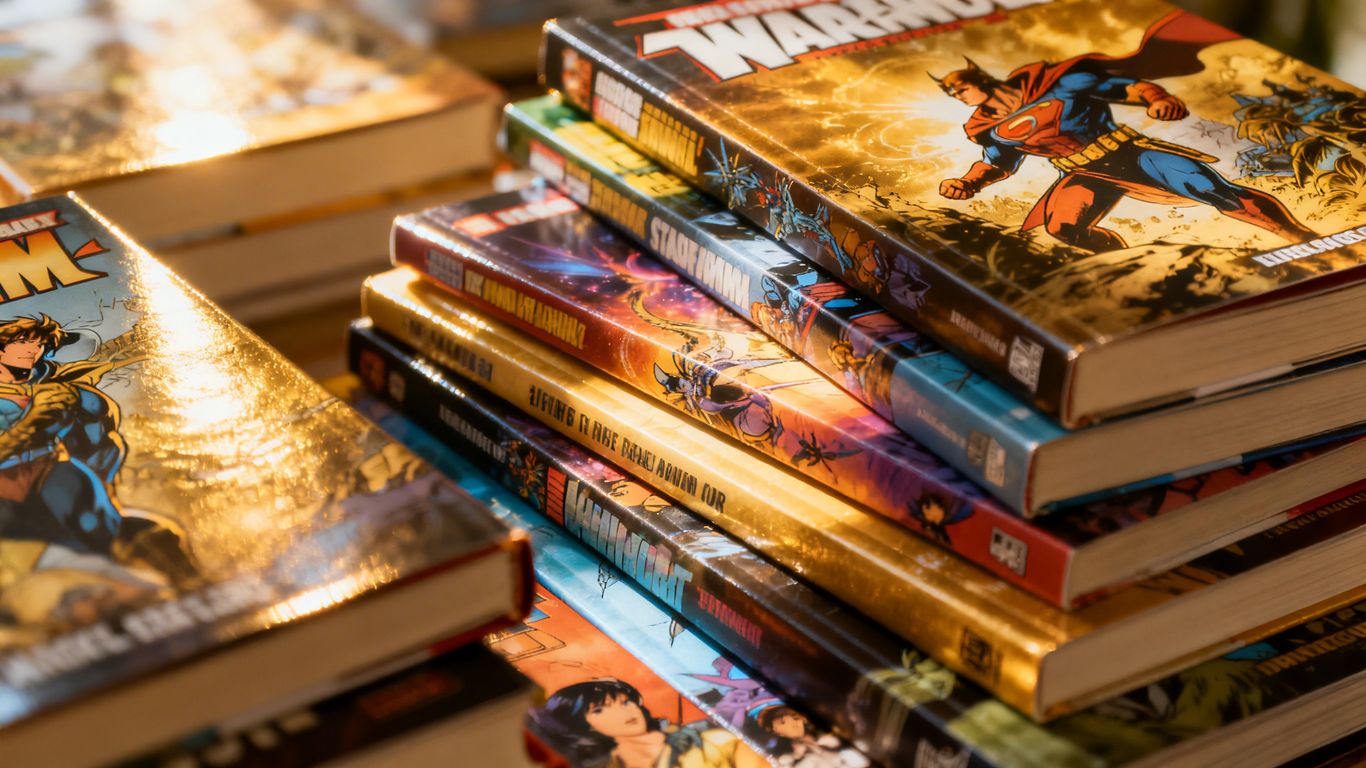 Colorful graphic novels stacked, ready for reading.