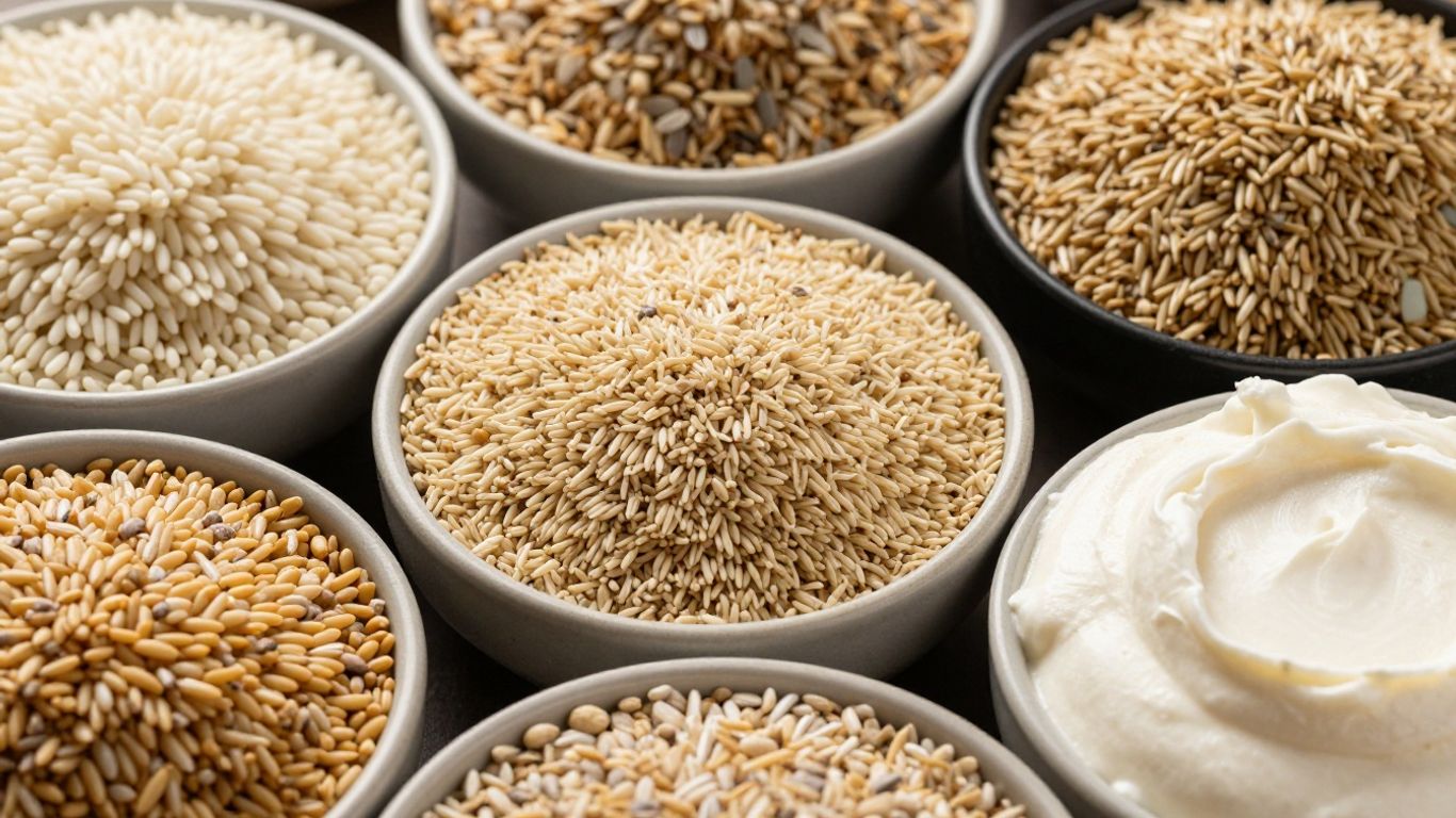 Cooked grains with varied textures in bowls.
