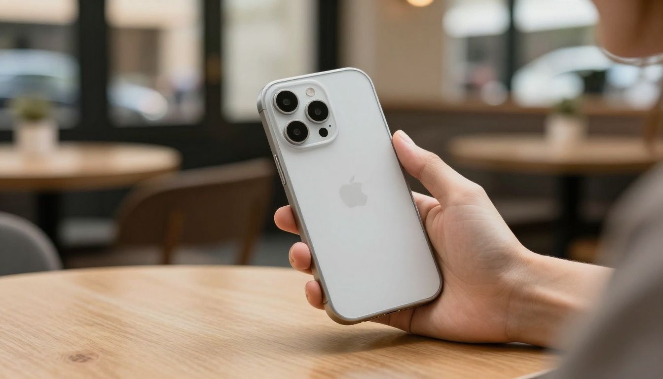 A person sitting at a sunlit cafe table in an Australian city, using their iPhone 16 Plus which is protected by a slim, minimalist case.