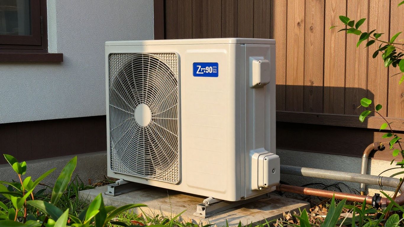 Pompe à chaleur air-eau extérieure avec tuyauterie.