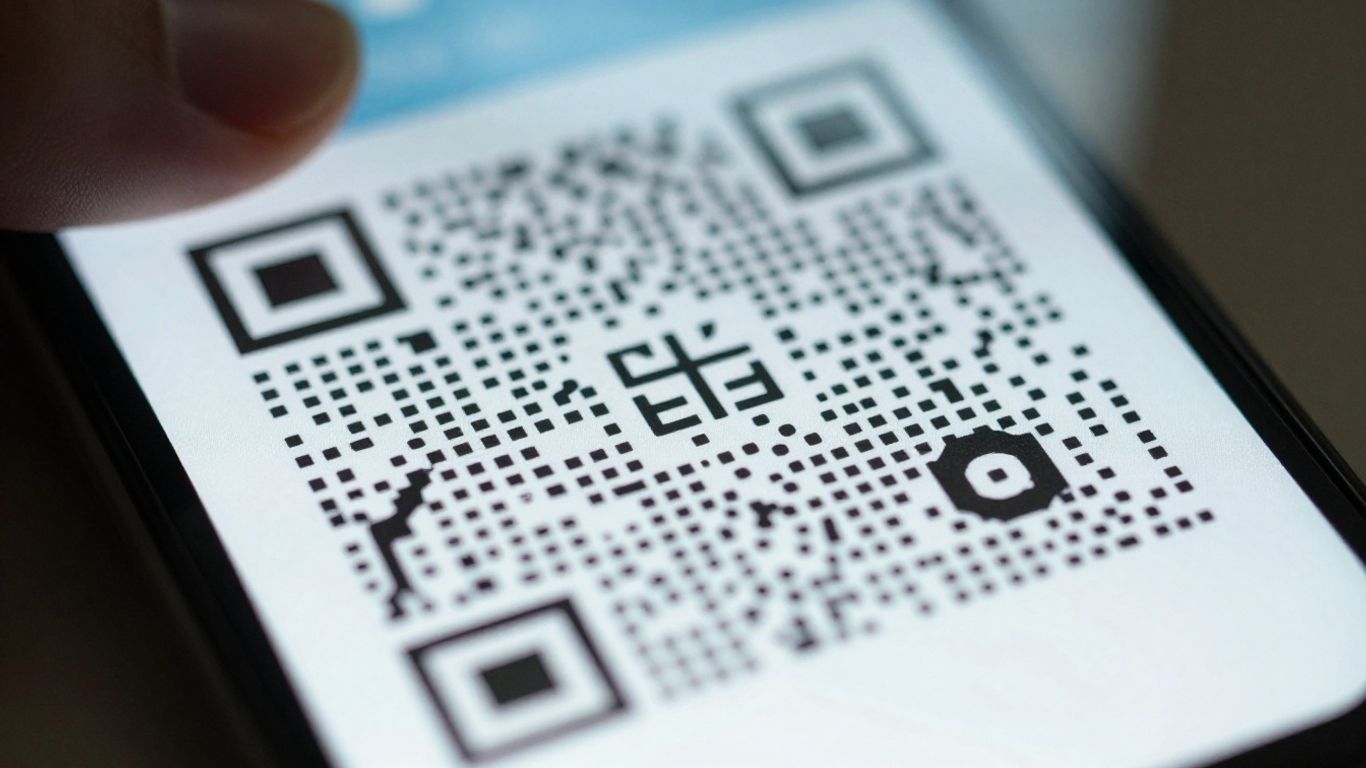 Smartphone scanning a QR code on a screen.