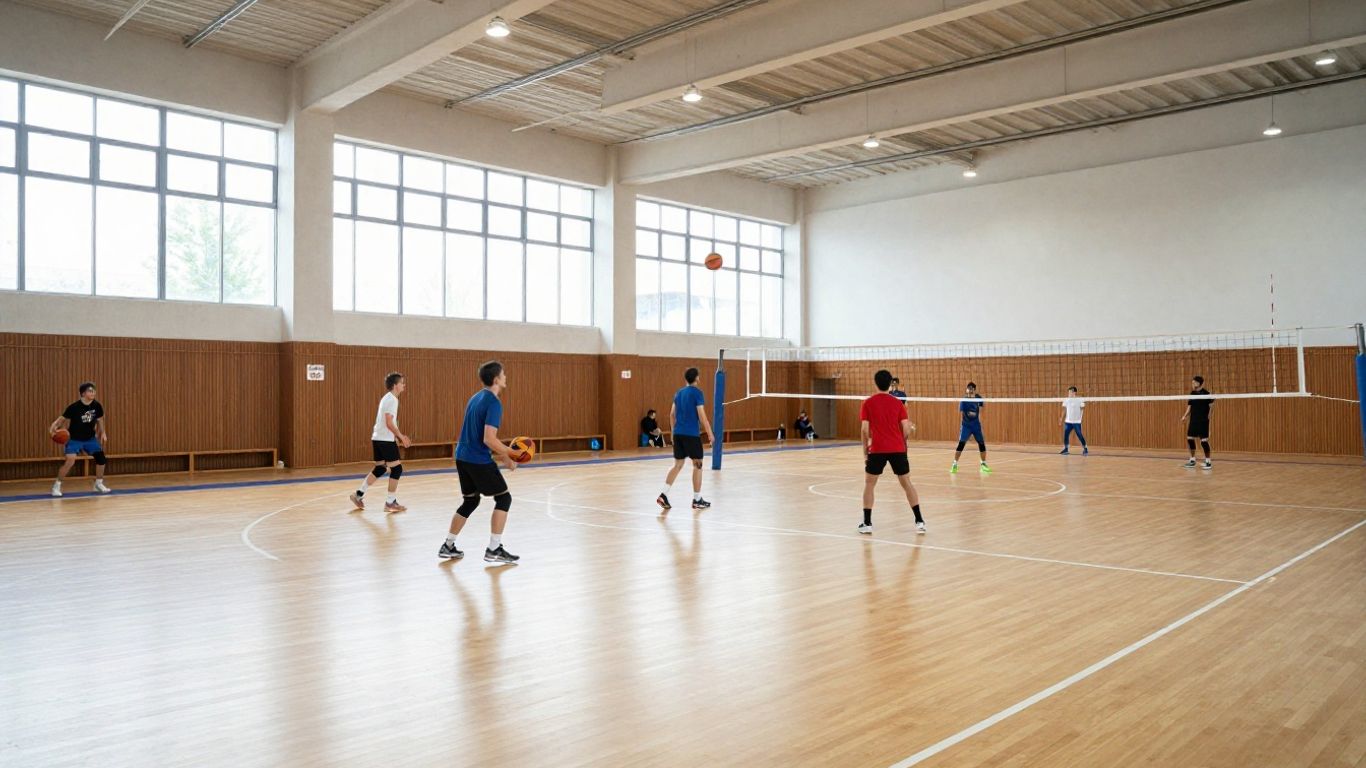 Indoor athletes moving across resilient sports flooring