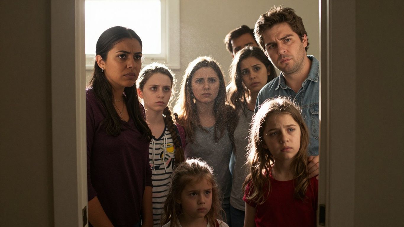 Familia preocupada ante una puerta, buscando información legal.