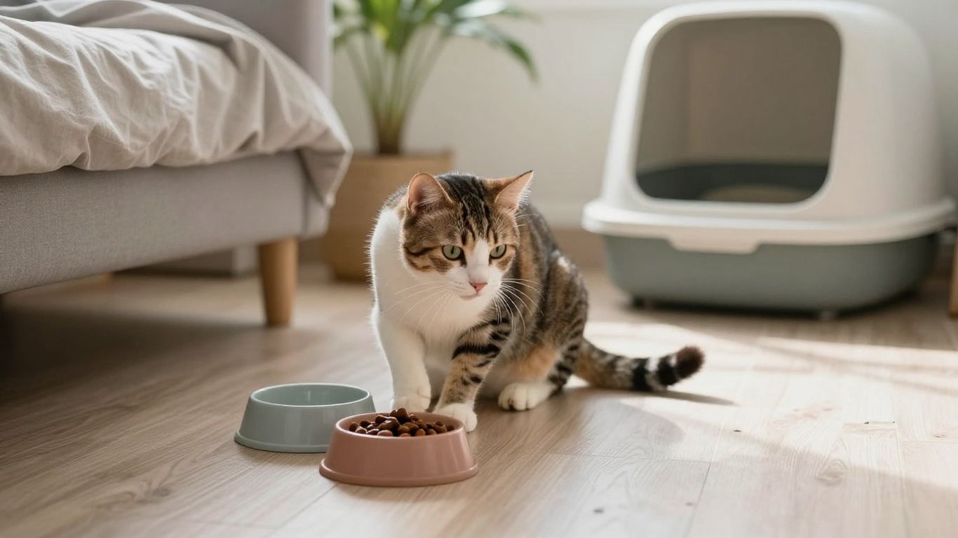Cat exploring a quiet room in new home