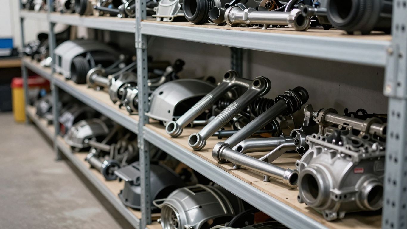 Salvage yard rows with minivan parts