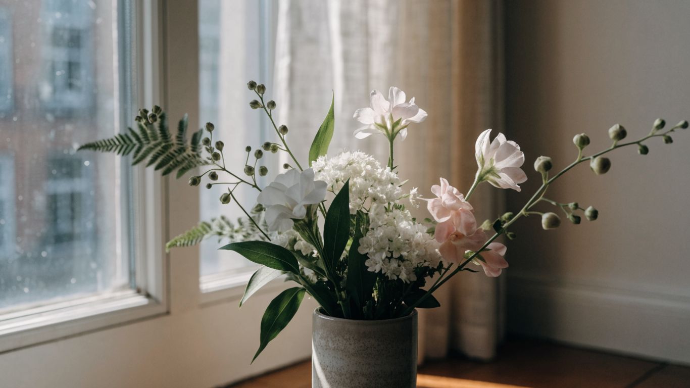 Understated seasonal flowers in a vase near a window