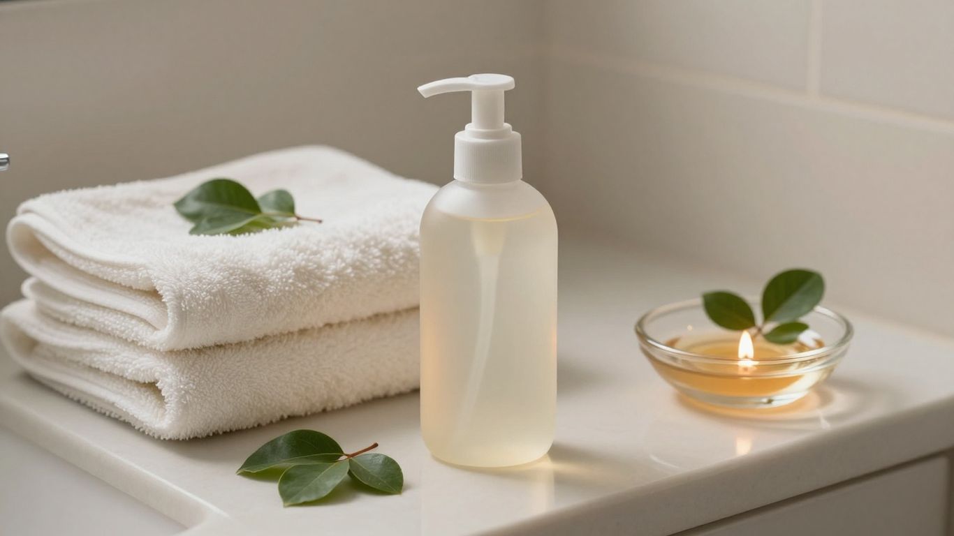 A glass bottle of warming lubricant beside folded towels