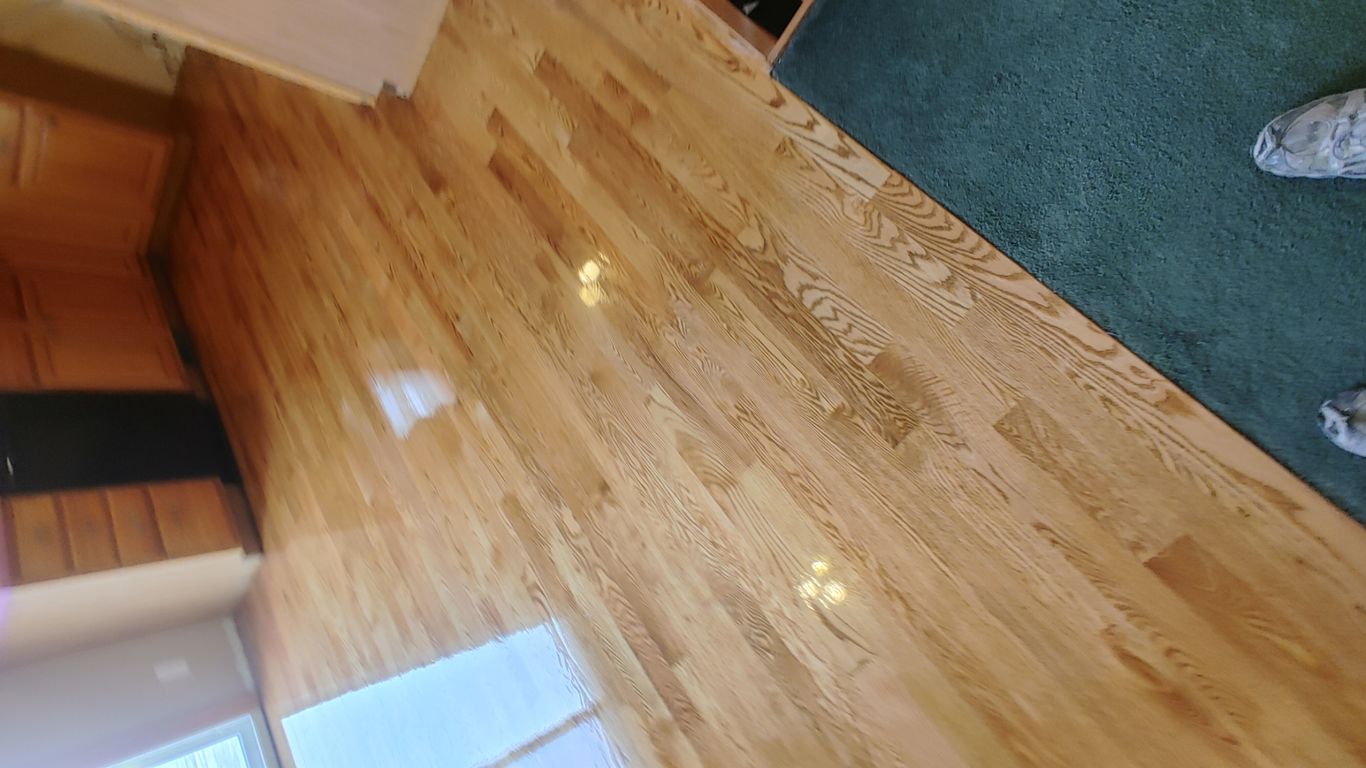 Shiny hardwood floor reflecting light in a kitchen space.