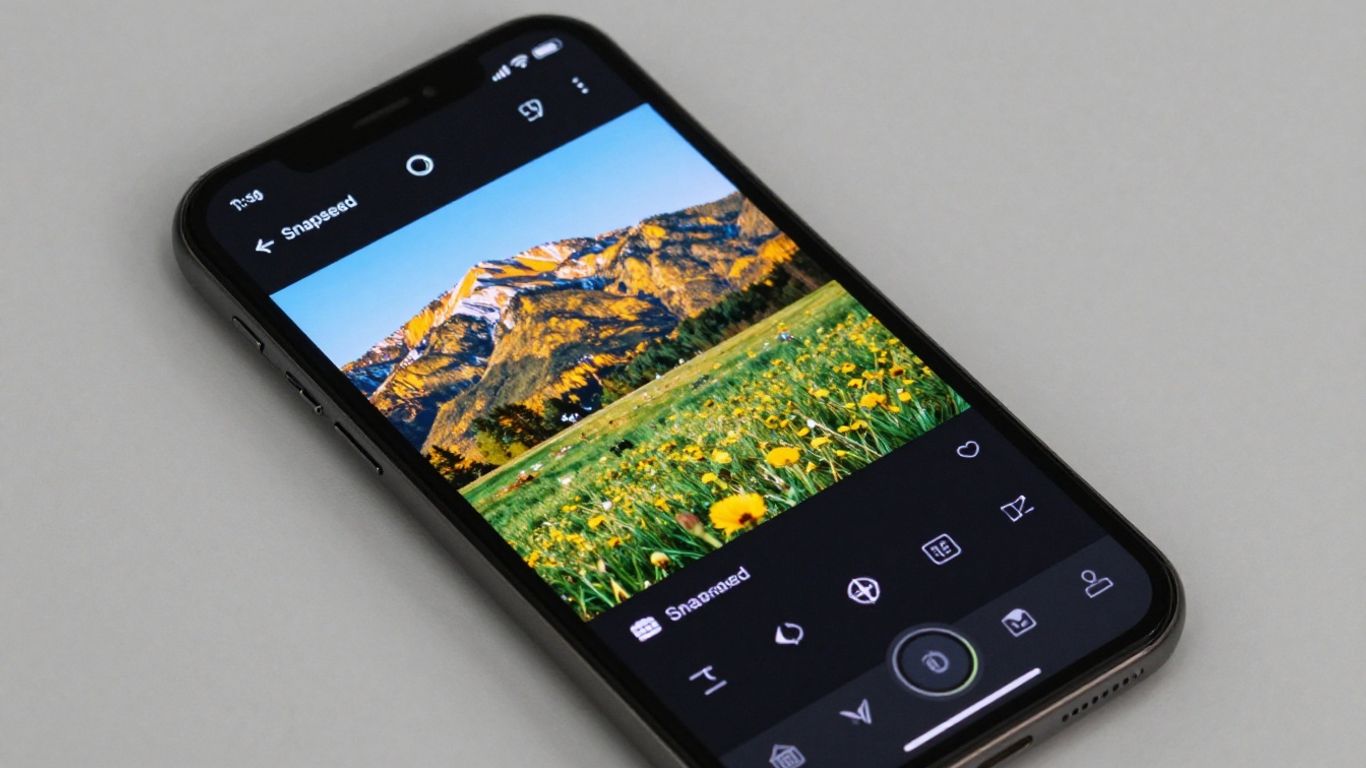Interface do aplicativo Snapseed em um celular Android.