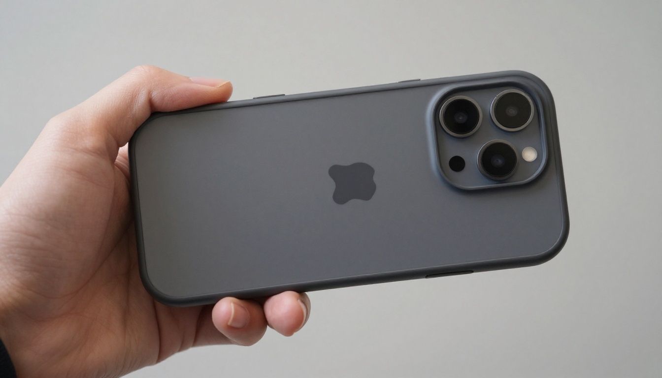 A close-up of someone's hands holding an iPhone 15 Pro Max in a sturdy, well-fitting case, showing the precise cutouts for the camera and USB-C port.