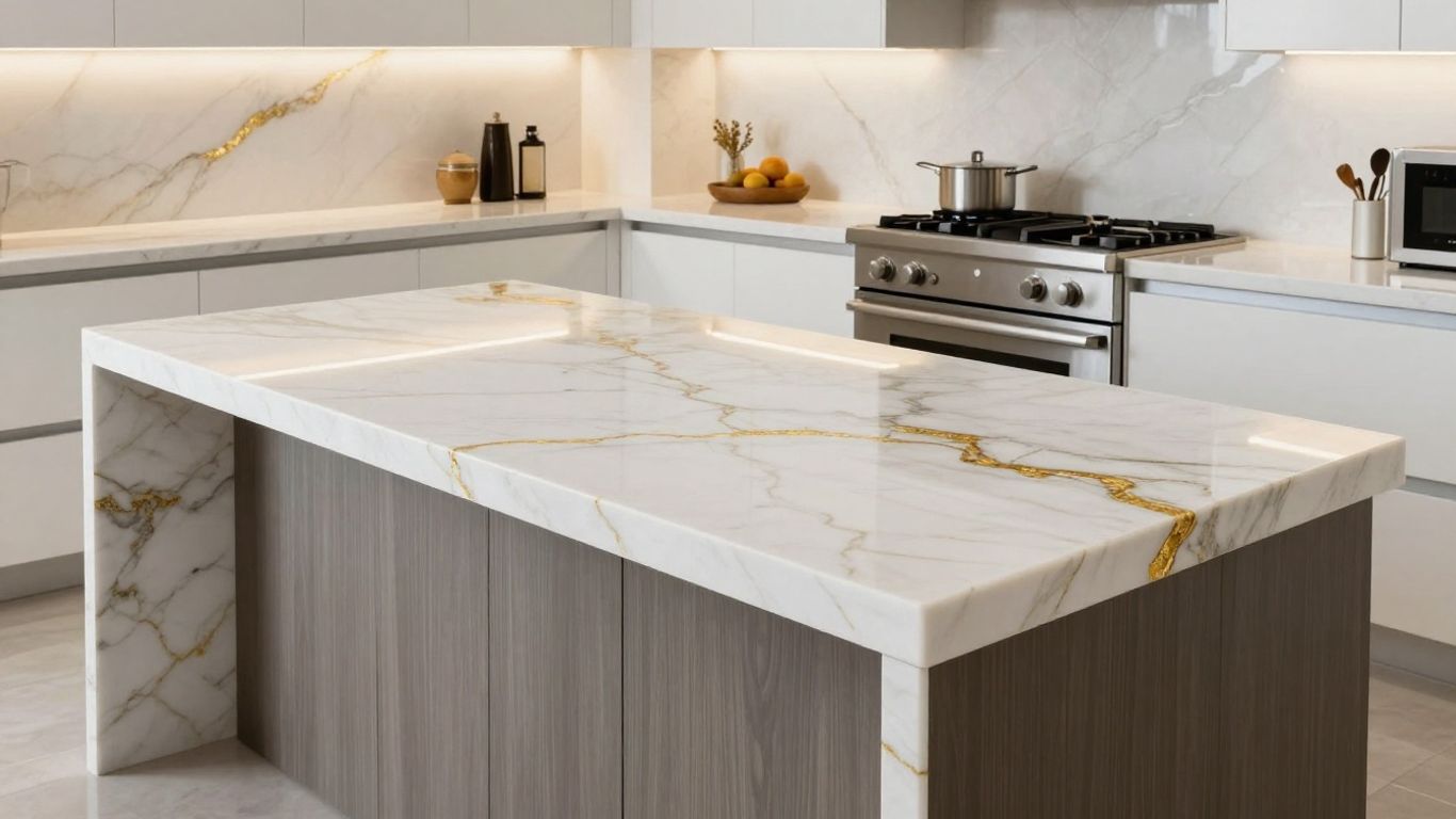 Calacatta Gold quartz worktop on a kitchen island.