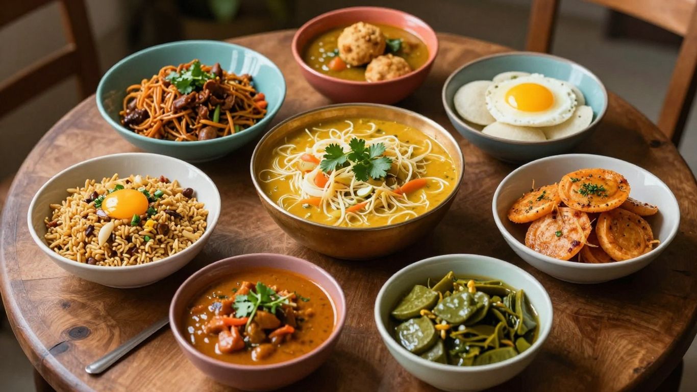 Assortment of Indian vegetarian breakfast dishes.