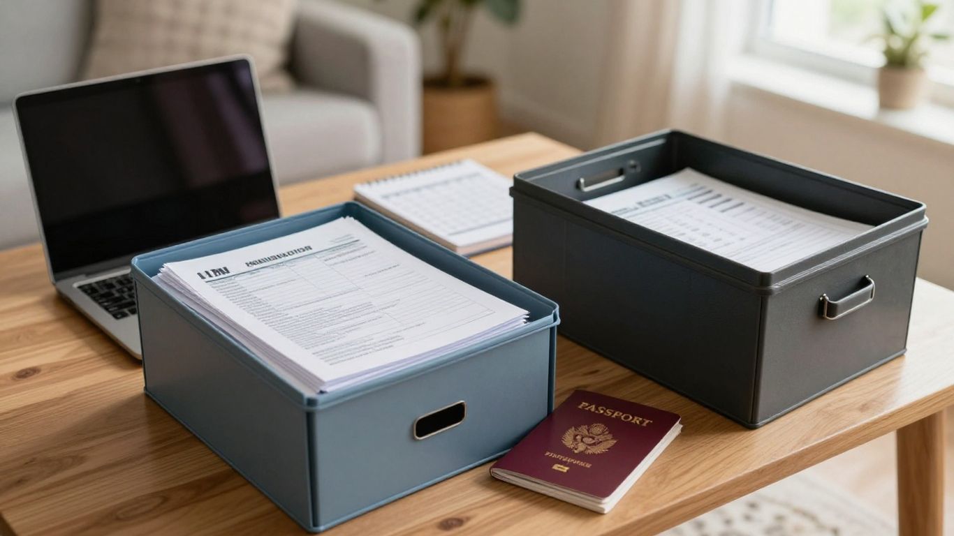 Familia organizando documentos migratorios y fiscales