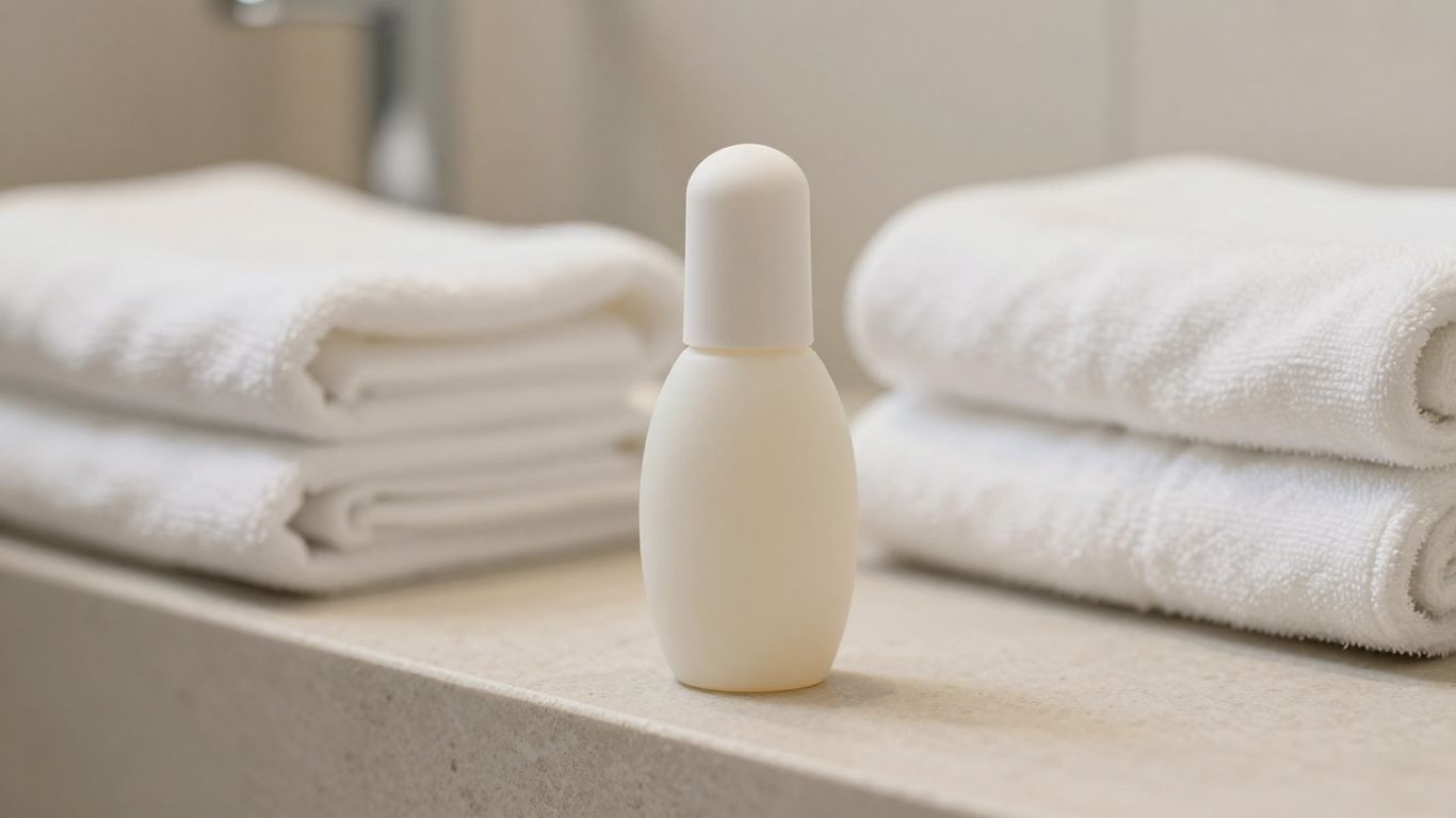 Silicone lubricant on a clean bathroom shelf with folded towels