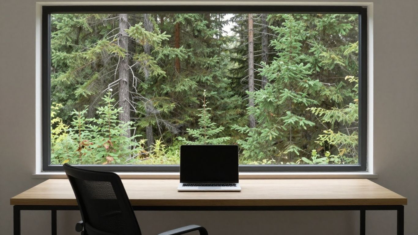 Modern home office with lush evergreen forest view