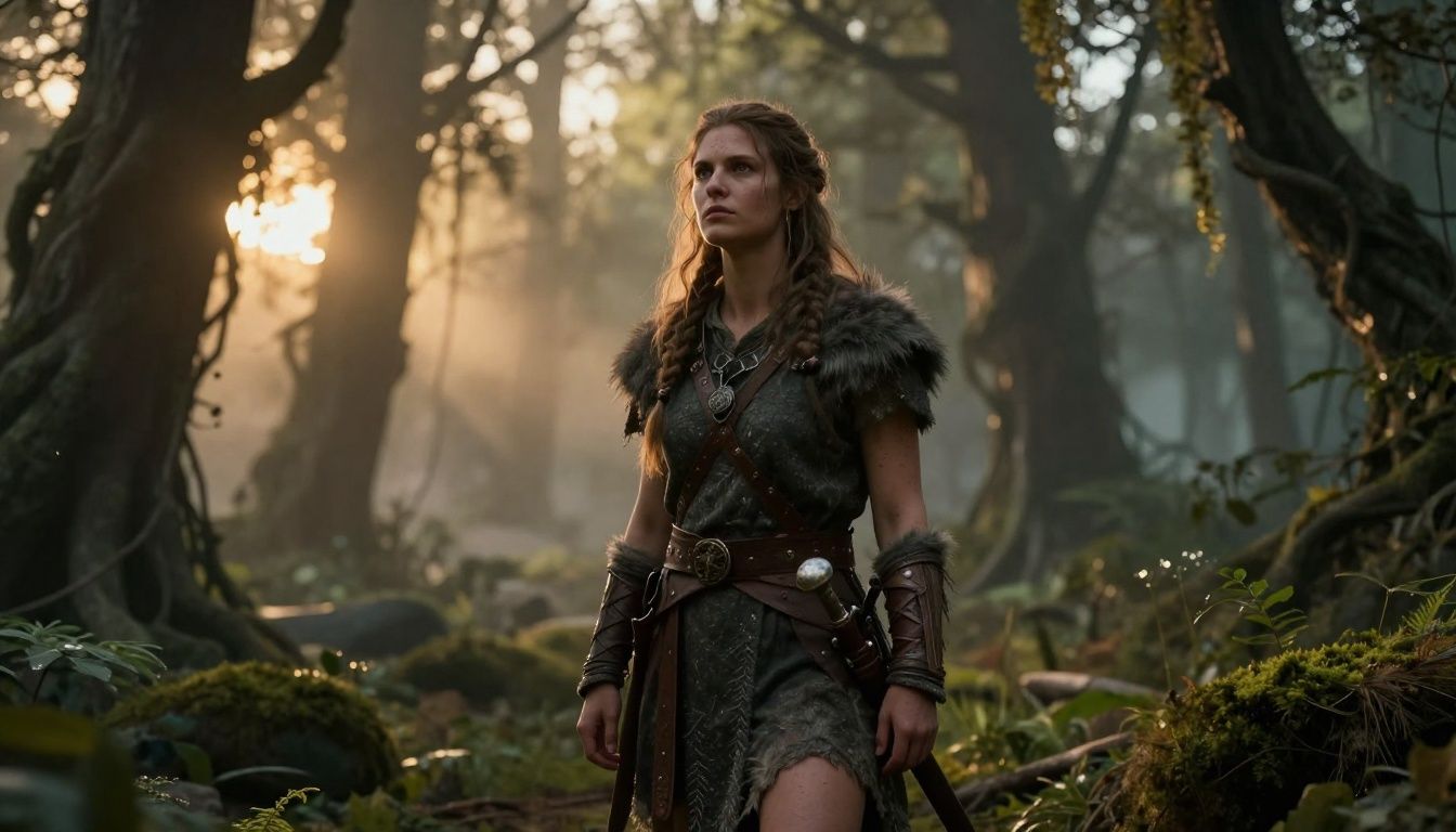 Um guerreiro viking solitário observando uma floresta densa e misteriosa em Valheim sob o brilho suave do entardecer