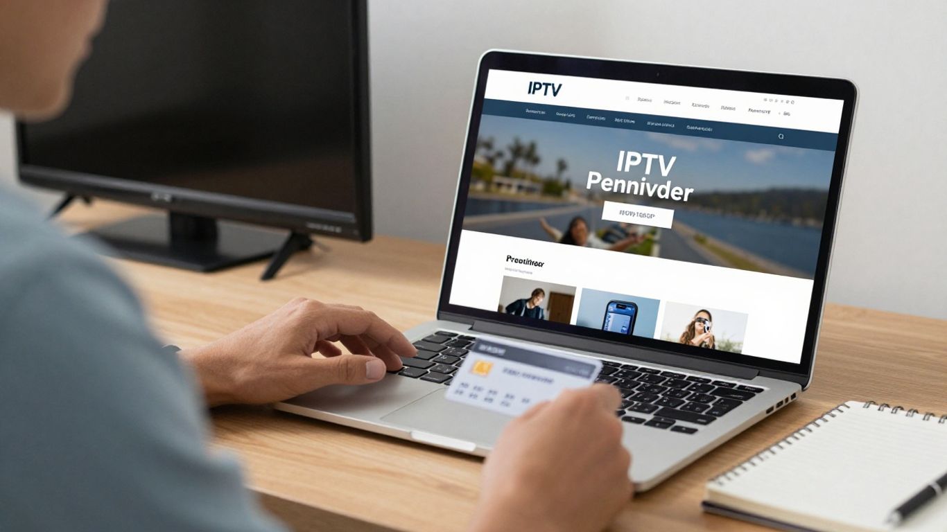 Viewer reviewing IPTV provider details on a laptop