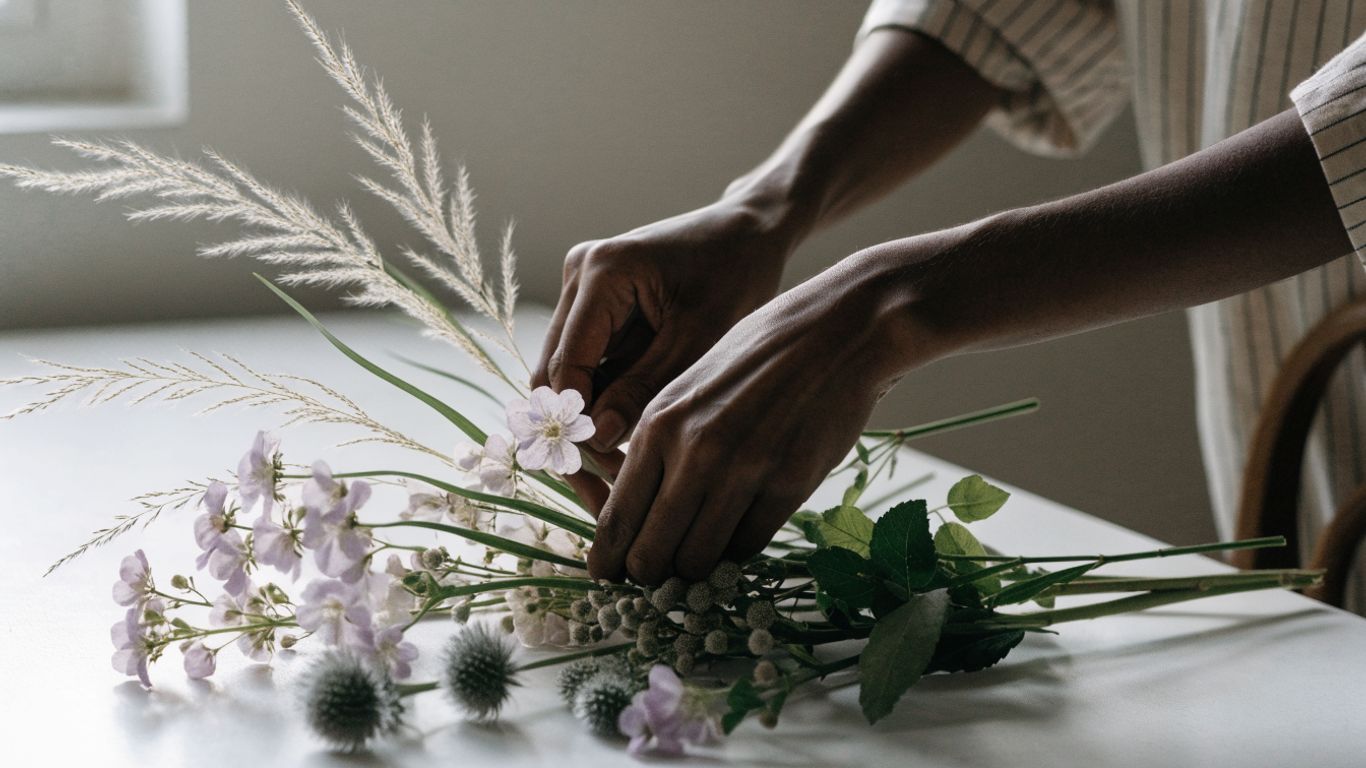 Florist preparing a sympathy arrangement for delivery