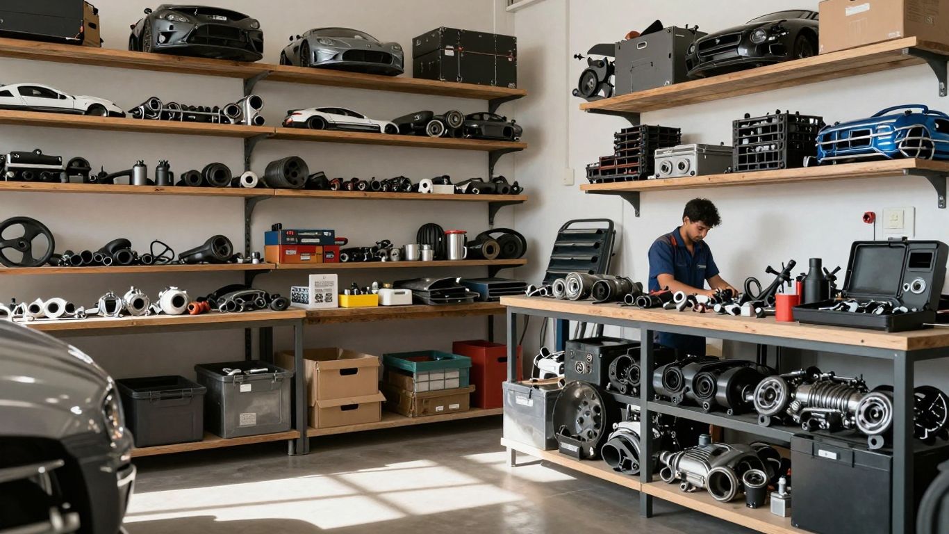 Automotive workshop with car parts and mechanic.