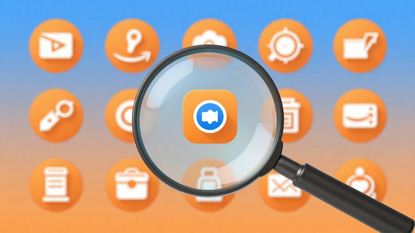 Magnifying glass over product icons, Amazon orange and blue background.