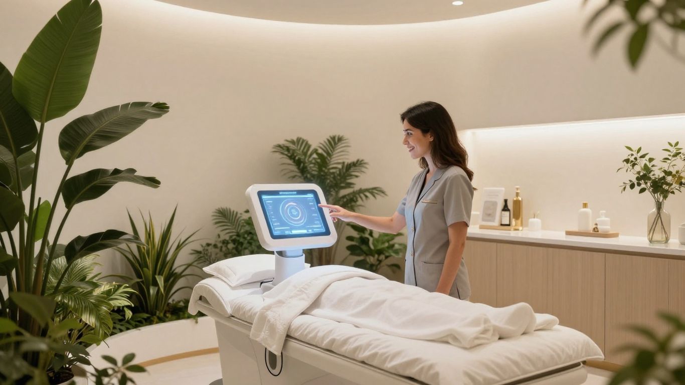 Medspa interior with woman using voice AI technology.