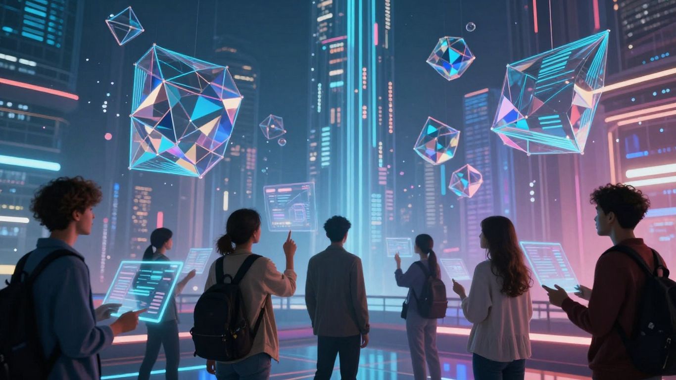 Futuristic cityscape with digital streams and creators.