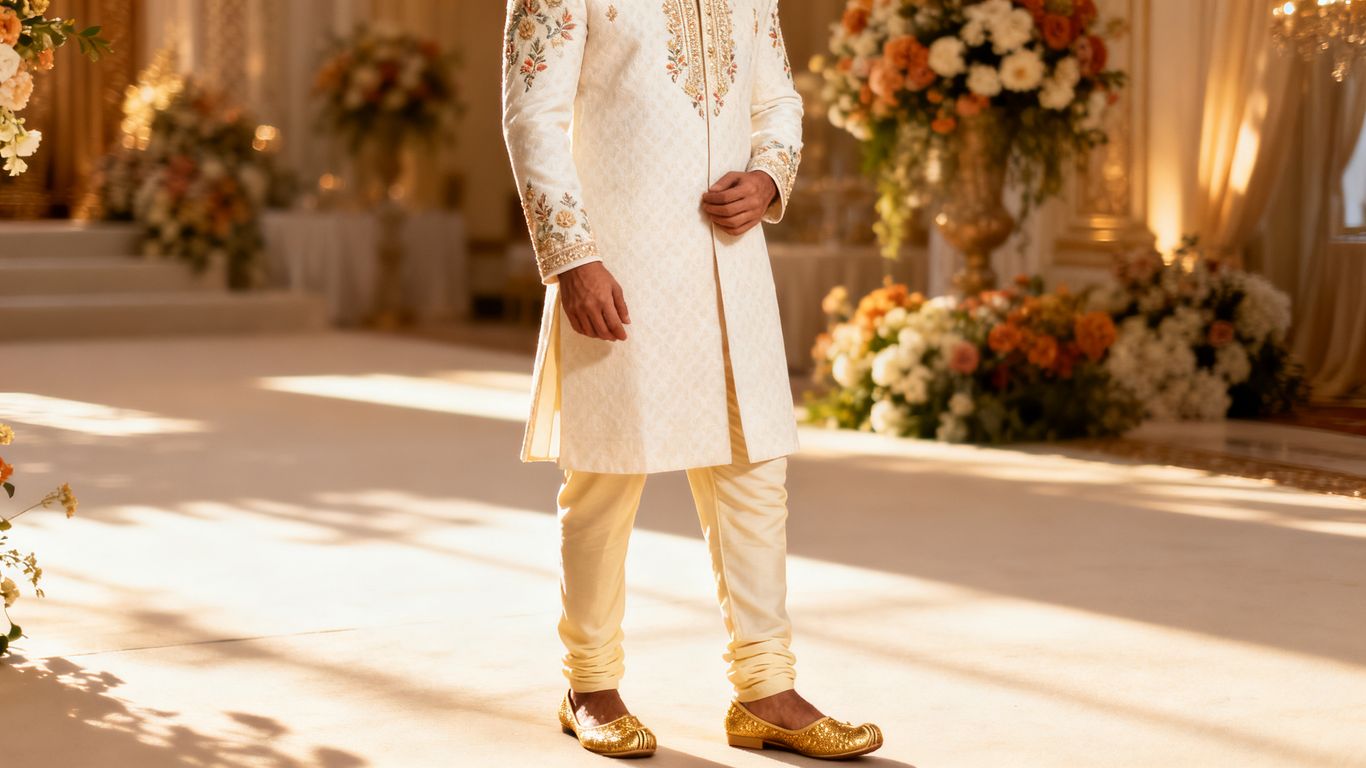 Man in a tailored white sherwani at wedding