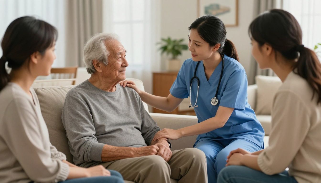 A compassionate nurse providing attentive care to an older adult in a cozy U.S. home, with family members nearby, representing supportive home care in North Carolina.