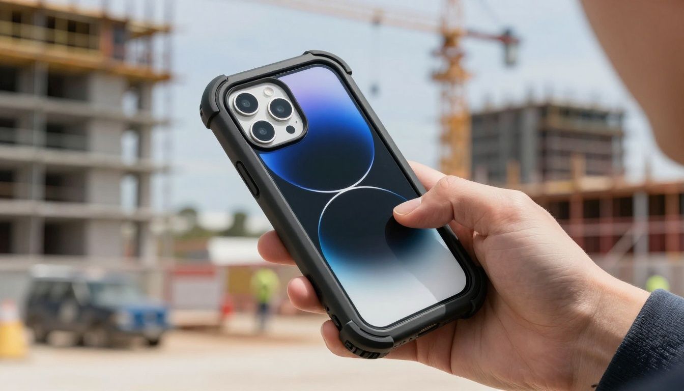 Someone at a construction site in Perth using their iPhone 17 Air, which is protected by a rugged, dust-proof case.