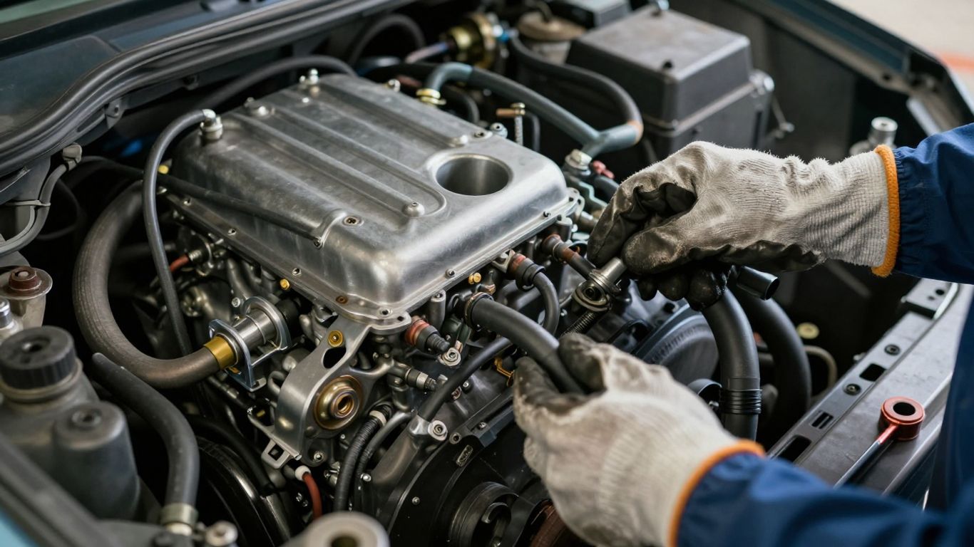 Mechanic inspecting a diesel replacement engine