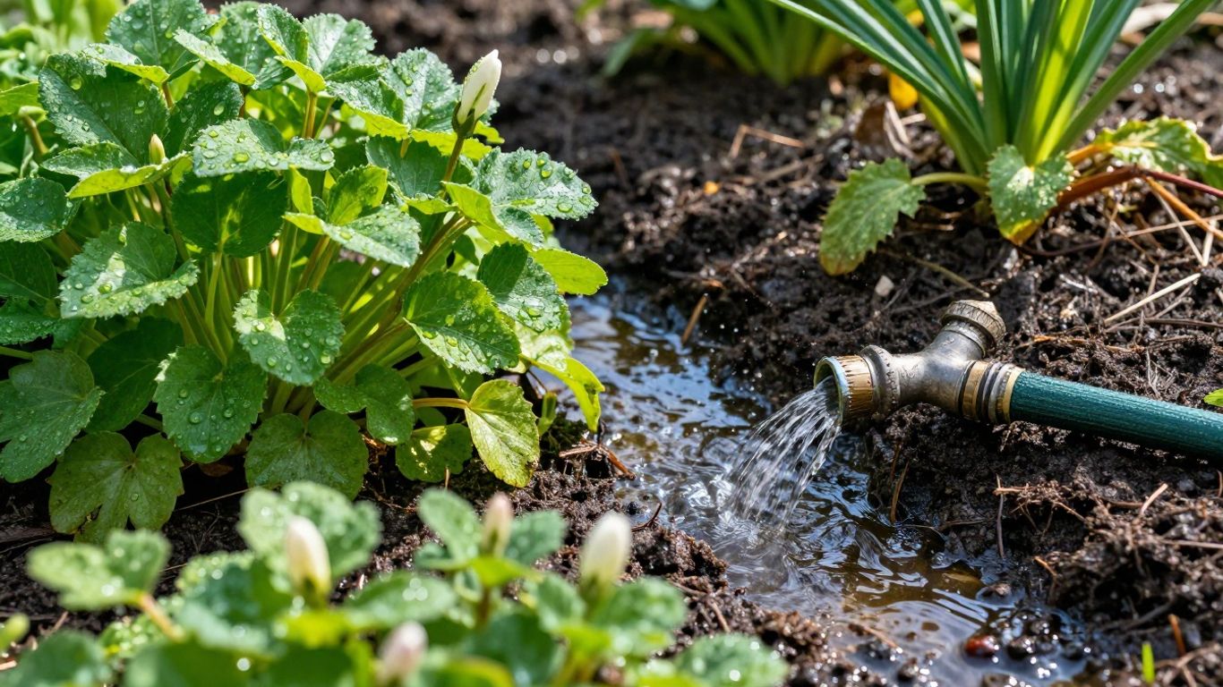 Gartenbewässerung im Frühling mit frischem Grün und Wasser.