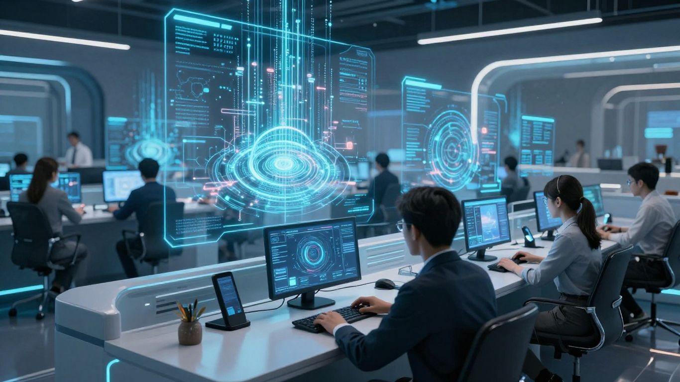 Futuristic call center with secure digital interfaces and glowing data streams.