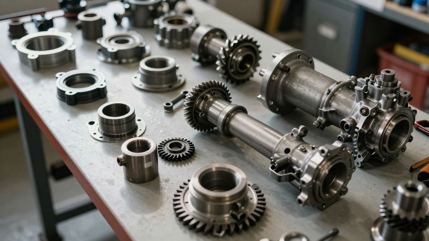 Automotive workshop with transmission parts and tools.