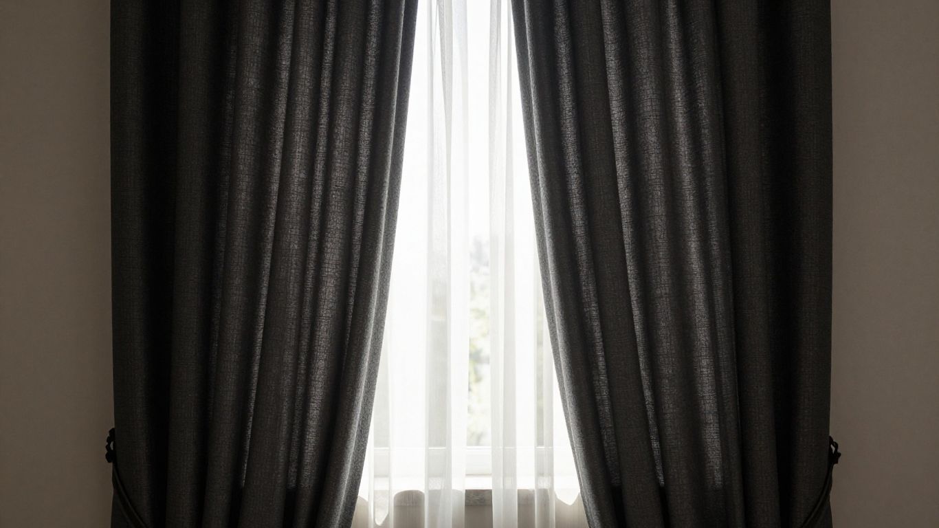 Blackout curtains in a modern bedroom, blocking sunlight.